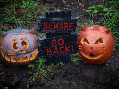 Two carved pumpkins and a sign between them "Beware", "Go back"